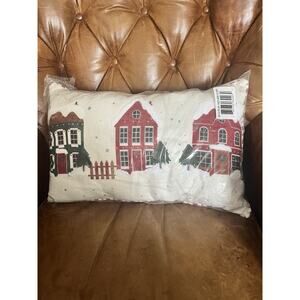 Printed & Embroidered Christmas Houses Throw Pillow Rectangle New Sealed 14x22